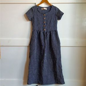 Pyne & Smith No. 11 linen midi button-front dress in Indigo stripe, small